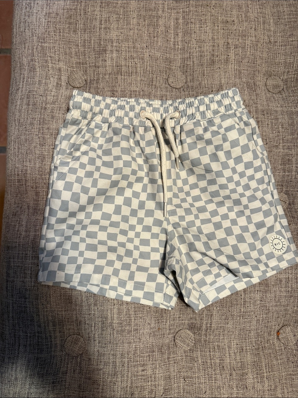 Rylee + Cru White and Light Blue Checkerboard Swim Shorts